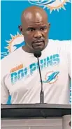  ?? JOHN MCCALL/ SOUTH FLORIDA SUN SENTINEL ?? Coach Brian Flores speaks to the media after the Dolphins downed the Jacksonvil­le Jaguars at Hard Rock Stadium on Thursday.