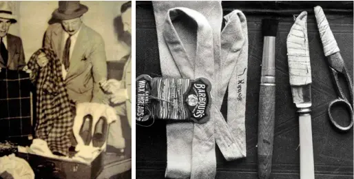  ??  ?? ABOVE LEFT: Detectives Dave Bartlett, Lionel Leane, and Len Brown search the suitcase found at Adelaide railway station. ABOVE RIGHT: Some of the contents of the suitcase, including a reel of Barbour orange sewing thread, a knife and a pair of...