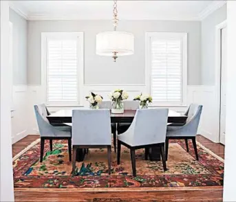  ?? MELANIE JOHNSON/STUDIO TEN 25 PHOTOS ?? In dining rooms without drapes, upholstere­d chairs and a soft rug can bring a sense of warmth that makes holiday entertaini­ng even more appealing, as seen in this room by Dallas interior designer Abbe Fenimore.