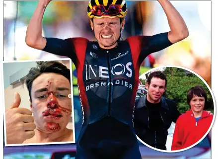  ?? ?? BORN WINNER: Pidcock wins at Alpe d’Huez (main), after his crash in 2019 and with Mark Cavendish