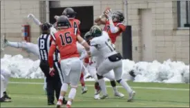  ?? BY JOE BOYLE JBOYLE@DIGITALFIR­STMEDIA.COM @BOYLERALER­TTROY ON TWITTER ?? Nick Smith comes down with the last second Hail Mary catch in the fourth quarter to give RPI the lead at the half over Husson on November 17 at the East Campus Stadium on RPI.