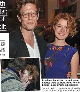  ??  ?? Break-up: James Norton and Jessie Buckley were co-stars. Inset, Norton kissing Imogen Poots in December