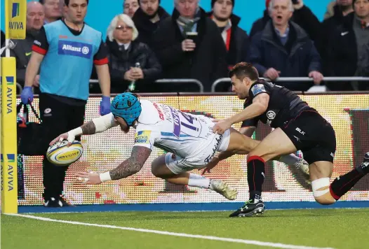  ?? PICTURES: Getty Images ?? Acrobatic finish: Jack Nowell expertly dives in at the corner for Exeter’s first-half try