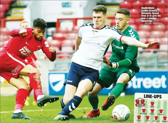  ?? PICTURE: TGSPHOTO ?? MARKSMAN: Leyton Orient’s Macauley Bonne fires in to give his side a slender advantage