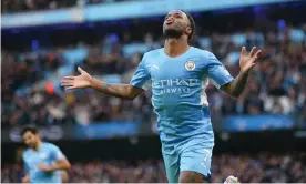  ?? James Gill/Danehouse/Getty Images ?? Raheem Sterling celebrates after making it 1-0 to Manchester City against Everton. Photograph: