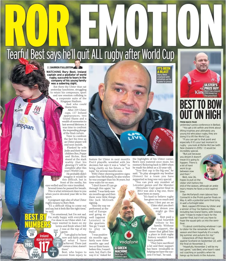  ??  ?? A GREEN MACHINE Best has 117 Ireland caps IT’S BEEN A BLAST Rory Best cracked with emotion as he spoke to press