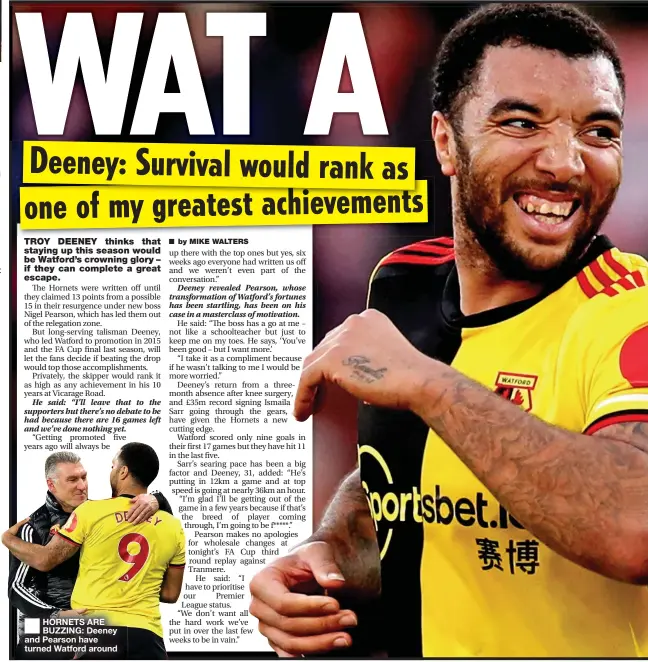  ??  ?? ■
HORNETS ARE BUZZING: Deeney and Pearson have turned Watford around