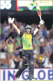  ??  ?? Australia's batsman Glenn Maxwell celebrates after scoring his century against England on Wednesday.