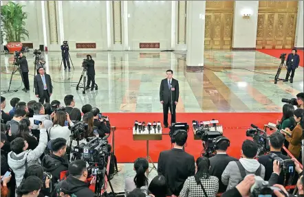  ?? MU YU / XINHUA ?? Science and Technology Minister Yin Hejun gives an interview after the opening meeting of the second session of the 14th National People’s Congress at the Great Hall of the People in Beijing on Tuesday.