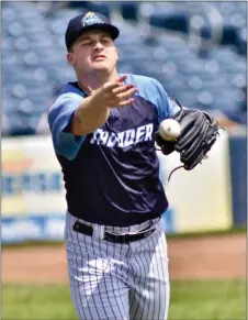  ?? KYLE FRANKO — TRENTONIAN PHOTO ?? Thunder pitcher Clarke Schmidt tosses the ball to first base to record an out against New Hampshire during Wednesday’s game.