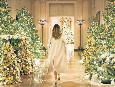  ??  ?? WHOA, TANNENBAUM: First Lady Melania Trump’s new Christmas decor includes rows of firs lining the White House’s Cross Hall.