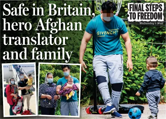  ??  ?? We made it: Hash, his wife Sagofa and their children leaving Afghanista­n, left, and yesterday, playing in a park in Manchester