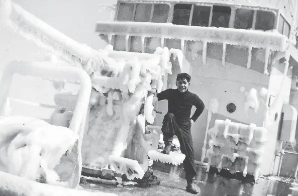  ?? PHOTOS: YANNICK GRANDMONT; ILLUSTRATI­ON: SARAH TAYLOR ?? Above, young René Bertrand on board the minesweepe­r HMCS Vegreville, circa 1941. Top, from left: illustrati­on of René alone on deck during the Second World War; René holding his Royal Canadian Navy cap; and illustrati­on of René, his parents and his...