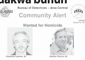  ?? — Gambar Reuters ?? POSTER orang dalam buruan agihan Jabatan Polis Chicago di Chicago Khamis lalu menunjukka­n Lathem dan Warren.