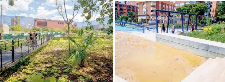  ??  ?? 1 Los jardines y árboles, que empiezan a crecer, la dan un aire más fresco el lugar, así haga sol. 2 En el espacio de arena para los niños se está formando este charco, que debe corregirse.