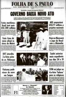  ?? Reprodução ?? A Primeira Página da Folha de 14 de dezembro de 1968, com a manchete “Governo baixa novo ato”