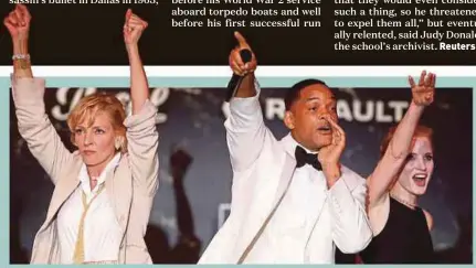  ?? EPA PIC ?? (From left) Uma Thurman, Will Smith and Jessica Chastain at the amfAR Foundation for AIDS Research gala dinner at Eden Roc Hotel in Antibes, France, on Thursday.
