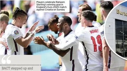  ??  ?? Players celebrate Raheem Sterling’s winning goal in England’s Euro 2020 match against Croatia on Sunday