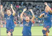  ?? ?? PSG’s Lionel Messi, Neymar and Kylian Mbappe celebrate after beating Man City in the Champions League on Tuesday.