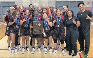  ?? PHOTO BY MICHAEL HUNTLEY ?? Players and coaches on the Centennial girls basketball team celebrate and show off the fruits of victory after winning the Open Division of the CIF Southern California Regional playoffs on Saturday.