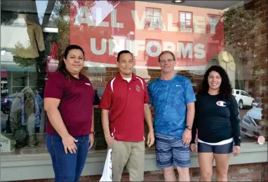  ?? RECORDER PHOTO BY ALEXIS ESPINOZA ?? Margarita Garcia, David Gong, Ryan Land and Isabel Vela stand in front of All Valley Uniforms on Main Street Monday morning after discussing details of the upcoming Taco Tuesday Blood Drive in honor of David Gong.