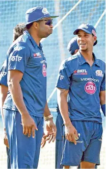  ?? — PTI ?? Kieron Pollard (left) and Lendl Simmons have come good with the bat for Mumbai Indians.