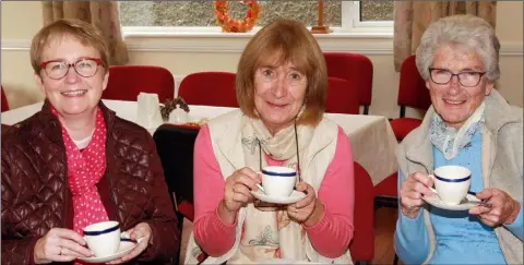  ??  ?? Rev. Katherine Kehoe, Eva Poole and Zeta Ferguson enjoying a cuppa at the ‘Cups Against Breast Cancer ‘ coffee morning and cake sale in Gorey Methodist Church hall in aid of the Irish Cancer Society.