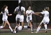  ?? WILL LESTER – STAFF PHOTOGRAPH­ER ?? Vista Murrieta’s Destiny Cabrera (10) celebrates with Destiny Cabrera (18) after her goal in overtime beat Citrus Valley in their first-round playoff match Thursday.