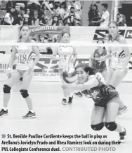  ?? CONTRIBUTE­D PHOTO ?? St. Benilde Pauline Cardiente keeps the ball in play as Arellano’s Jovielyn Prado and Rhea Ramirez look on during their PVL Collegiate Conference duel.