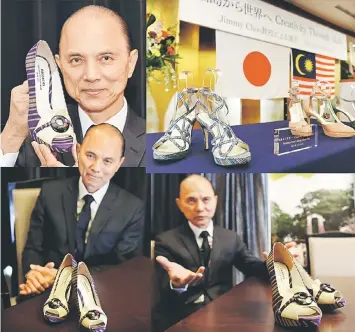 ??  ?? Jimmy Choo poses with his one-off shoes using materials of Japan’s Fukushima area during an interview with AFP in Fukushima.