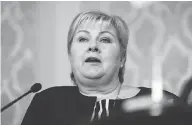  ?? MARTTI KAINULAINE­N / LEHTIKUVA ?? “It’s not a female conspiracy,” says Norwegian Prime Minister Erna Solberg.