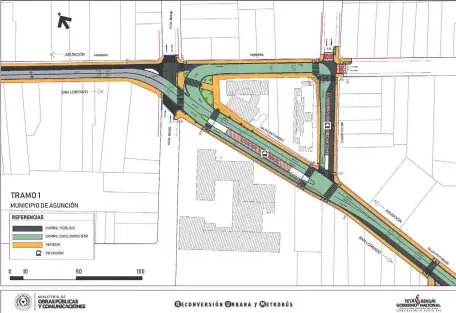  ??  ?? Parte del plano del tramo del metrobús que indican ubicacione­s del “carril público” (en negro) y sus variacione­s.