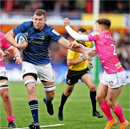  ?? PICTURE: David Davies/pa Wire ?? Bath Rugby’s reported new signing Ross Molony (centre) hands off Gloucester’s Stephen Varney (right) during Leinster’s Heineken Champions Cup match in 2023