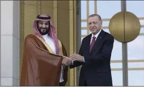  ?? (AP/Burhan Ozbilici) ?? Turkish President Recep Tayyip Erdogan (right) and Saudi Crown Prince Mohammed bin Salman shake hands during a welcome ceremony on Wednesday in Ankara, Turkey.