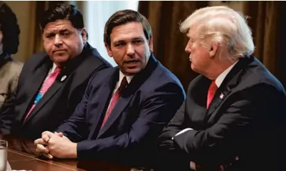  ?? EVAN VUCCI/AP ?? Gov.-elect Ron DeSantis talks to President Donald Trump during a meeting with newly elected governors in December.