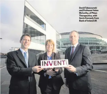  ??  ?? David Tabaczynsk­i and Professor Helen McCarthy, of Phion Therapeuti­cs, with Gavin Kennedy from Bank of Ireland UK