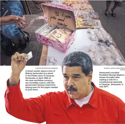  ?? CARLOS BECERRA/BLOOMBERG SOURCE: MIRAFLORES PRESS OFFICE ?? A street vendor opens a box of Bolivar banknotes at a stand in the Petare slum of Caracas, Venezuela, in April. Bills of the near-worthless currency are incredibly scarce, with the government having a hard time paying even for the paper needed to print...