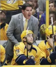  ?? MARK HUMPHREY — THE ASSOCIATED PRESS ?? Nashville Predators head coach Peter Laviolette argues a call during the first period in Game 3 of a second-round NHL hockey playoff series against the St. Louis Blues in Nashville, Tenn.