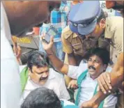  ?? AFP ?? Police detain protesters who tried to block a railway track during a demonstrat­ion against the Union government over delay in setting up the Cauvery Management Board in Chennai on Tuesday.