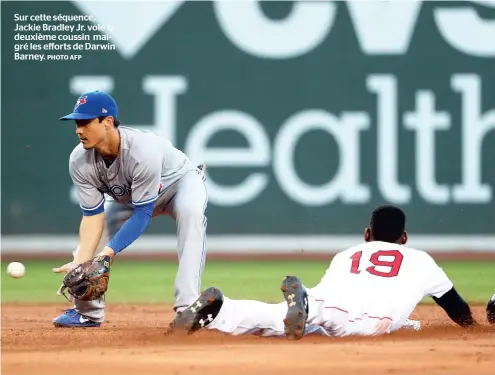  ?? PHOTO AFP ?? Sur cette séquence, Jackie Bradley Jr. vole le deuxième coussin malgré les efforts de Darwin Barney.