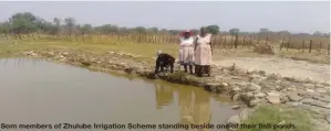  ??  ?? Som members of Zhulube Irrigation Scheme standing beside one of their fish ponds