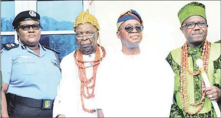  ??  ?? R-L: Ajalaye of Ipetu-Ijesa, Oba Adeleke Agunbiade Oke, Governor of Osun State, Mr. Adegboyega Oyetola; Owa Obokun of Ijesaland, Oba Gabriel Adekunle Aromolaran; and Osun State Commission­er of Police, Mrs. Abiodun Ige, during the inaugurati­on of one block of flats at officers’ quarters, Nigeria Air Force Ipetu-Ijesa...yesterday