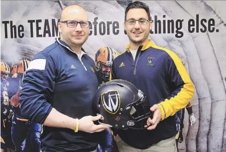  ?? DAN JANISSE ?? Joe D’Amore, left, head coach of the University of Windsor Lancers football team and recruiting and special teams coordinato­r Vince Flamia, seen earlier this year, are happy with several new players coming to the club.