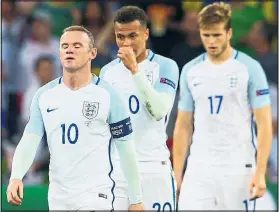  ??  ?? ABJECT MISERY: Rooney, Alli and Dier can’t believe Iceland are ahead