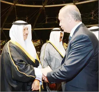  ?? KUNA photo ?? File photo shows His Highness the Prime Minister Sheikh Jaber Al-Mubarak Al-Sabah shaking hands with Turkish
President Erdogan during the latter’s recent visit to Kuwait.