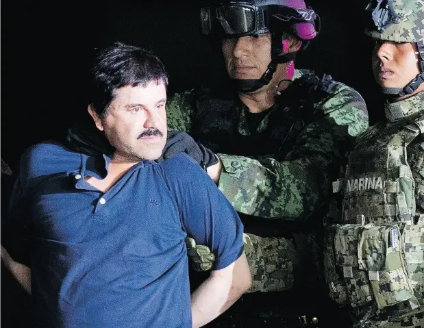  ?? EDUARDO VERDUGO / THE ASSOCIATED PRESS FILES ?? Joaquin (El Chapo) Guzman is escorted to a helicopter in Mexico City in 2016. Mykhaylo Koretskyy, a Canadian who is jailed in Curaçao and fighting extraditio­n to the U.S., is alleged to have shipped millions of dollars in cocaine to Canada through his links with drug kingpin El Chapo.
