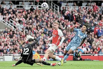  ?? Picture: REUTERS/DAVID KLEIN ?? GOAL GETTER: Aston Villa's Ollie Watkins scores their second goal past Arsenal's David Raya in the Premier League at the Emirates Stadium, London.