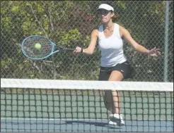  ?? The Sentinel-Record/ Richard Rasmussen ?? WELL-PLACED: Hot Springs’ Ella Pace returns the ball during the second round of the 5A-South conference tennis tournament Tuesday at Lakeside. Pace defeated El Dorado’s Millee Mobley to advance to the semifinals, 6-3, 6-1.