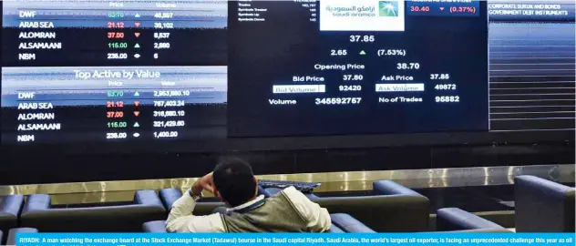  ?? — AFP ?? RIYADH: A man watching the exchange board at the Stock Exchange Market (Tadawul) bourse in the Saudi capital Riyadh. Saudi Arabia, the world’s largest oil exporter, is facing an unpreceden­ted challenge this year as oil prices have plumbed historic lows.