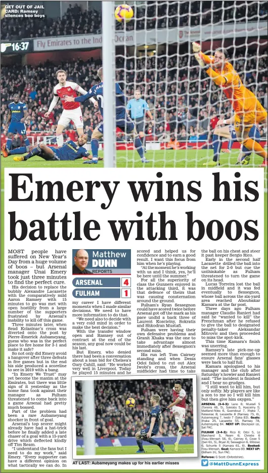  ?? Main picture: MARK LEECH ?? GET OUT OF JAIL CARD: Ramsey silences boo boys AT LAST: Aubameyang makes up for his earlier misses